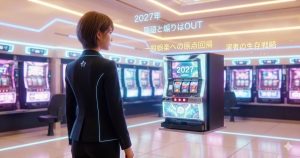 未来のパチンコ店で次世代のスマスロ筐体を見つめるパチスロ演者の後ろ姿